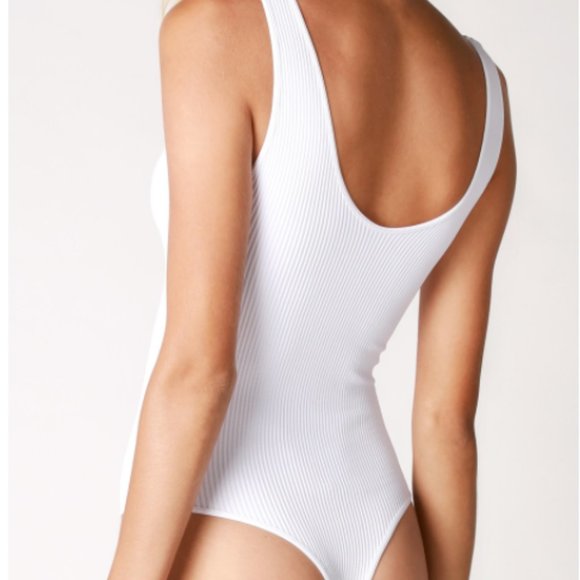 White Ribbed Thong V Neck Bodysuit - Picture 2 of 3